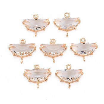 Transparent Faceted Glass Connector Charms, with Light Gold Tone Brass Findings, Cadmium Free & Lead Free, Half Flat Round, Clear, 14.5x16.5x5.5mm, Hole: 1.2mm