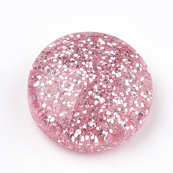 Resin Cabochons, with Glitter Powder, Flat Round, Pink, 13.5~14x4~6mm