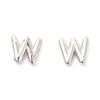 Brass Hollow Out Initial Letter Stud Earrings for Women, Platinum, Lead Free & Cadmium Free, Letter.W, 7x8x1.5mm, Pin: 0.8mm