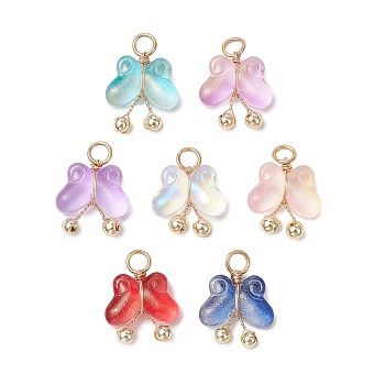 Transparent Baking Paint Glass Pendants, Butterfly, with 304 Stainless Steel Open Jump Rings and Eco-Friendly Copper Wire, Real 18K Gold Plated, Mixed Color, 15x14.5x5mm, Hole: 3mm