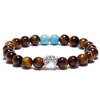 Natural Tiger Eye and Synthetic Turquoise Bead Stretch Bracelets for Women Men, Heart & Paw Print, 7-1/8 inch(18cm)