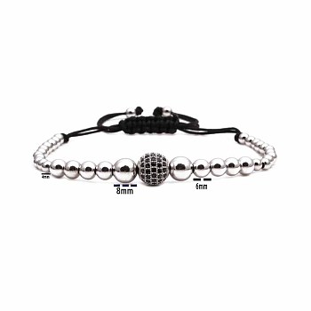 Synthetic Non-magnetic Hematite Braided Bead Bracelets, Adjustable 10mm Ball Brass Mico Pave Cubic Zirconia Bracelets for Women Men, Gunmetal Plated