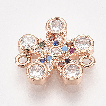 Brass Micro Pave Cubic Zirconia Links, Flower, Colorful, Rose Gold, 13.5x14x2.5mm, Hole: 1.2mm