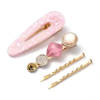Iron Alligator Hair Clips Sets, with Cellulose Acetate(Resin), Teardrop & Flat Round and Rhombus, Golden, Hot Pink, 55~69x5~23.5x2~16mm, 4pcs/set