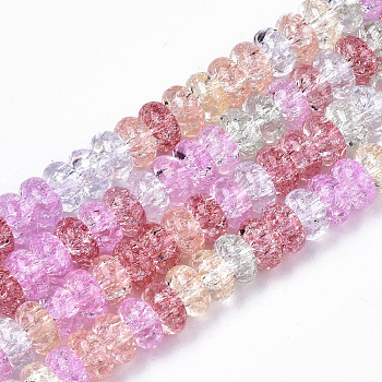 Transparent Crackle Glass Beads, Dyed & Heated, Rondelle, Colorful, 8x4mm, Hole: 1.4mm, about 88pcs/strand, 15.35 inch(39cm)