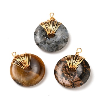Donut/Pi Disc Natural Gemstone Pendants, Wire Wrapped Pendants, with Eco-Friendly Copper Wire, Real 18K Gold Plated, 37x30.5x7mm, Hole: 3mm