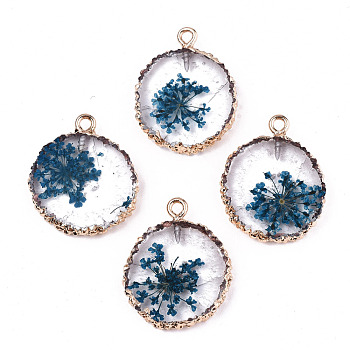 Transparent Clear Epoxy Resin & Dried Flower Pendants, with Edge Light Gold Plated Iron Loops, Flat Round, Steel Blue, 25~26x20~21x4.5mm, Hole: 1.8mm