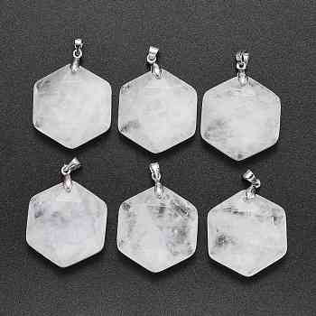 Natural Quartz Crystal Pendants, with Platinum Tone Brass Findings, Faceted, Hexagon, 28x25x9mm, Hole: 4x5mm