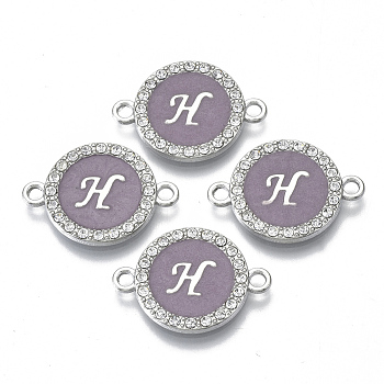Alloy Enamel Links Connectors, with Crystal Rhinestones, Flat Round with Letter, Silver Color Plated, Letter.H, 22x16x2mm, Hole: 1.8mm