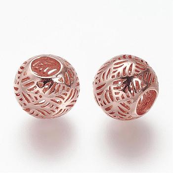 Brass European Beads, Round, Hollow, Large Hole Beads, Long-Lasting Plated, Rose Gold, 10x9mm, Hole: 4mm