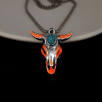 Alloy Ox Head Pendant Necklace with Stainless Steel Chains, Synthetic Turquoise Beaded Luminous Glow in the Dark Necklace, Orange Red, Pendant: 37x33mm