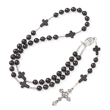 Synthetic Turquoise & Wood Rosary Bead Necklace, Alloy Cross & Virgin Mary Pendant Necklace for Religion, Black, 25.98 inch(66cm)