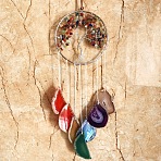 Metal Big Pendant Decorations, with Random Color Agate Slices & Chakra Theme Gemstone Chip Beads, Flat Round with Tree of Life, Platinum, 53~55cm(HJEW-PW0001-016A)