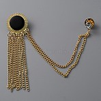 Flat Round Rhinestone Hanging Chain Brooch with Enamel, Alloy Tassel Lapel Pin for Suit Shirt Collar, Golden, 165x2.5mm(JEWB-WH0030-13B-G)