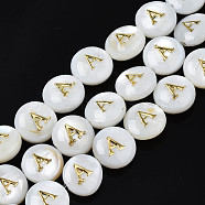Natural Freshwater Shell Beads, with Enamel, Horizontal Hole, Flat Round with Alphabet, Letter.A, 8x3.5~4.5mm, Hole: 0.5mm, about 40pcs/strand, 12.20~12.60inch(31~32cm)(SHEL-S276-168A)
