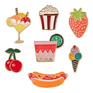 7Pcs 7 Style Alloy Enamel Brooches, Enamel Pin, with Brass Butterfly Clutches, Cherry & Strawberry & Cup & Popcorn & Ice Cream & Hot Dog, Light Gold, Mixed Color, 18~32x10.5~23x2mm, Pin: 1mm, 1pc/style(JEWB-LS0001-24)