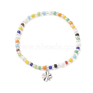 Colorful Seed Beaded Stretch Bracelet with Brass Charms for Women, Clover Pattern, Inner Diameter: 2 inch(5.2cm), Pendants: 10.5x9x1mm(BJEW-JB09218-02)