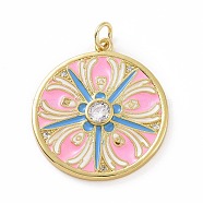 Brass Micro Pave Claer Cubic Zirconia Pendants, Real 18K Gold Plated, with Enamel and Jump Ring, Flat Round with Flower Charms, Pink, 27x24x3mm, Jump Ring: 5x0.8mm, Inner Diameter: 3.2mm(KK-E068-VF011)