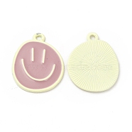 Spray Painted Alloy Pendants, Cadmium Free & Nickel Free & Lead Free, Flat Round with Smiling Face Pattern Charm, Beige, 25x20x1.5mm, Hole: 2mm(FIND-C016-01D)