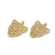 Brass Charms, Leopard Head, Real 18K Gold Plated, 14.5x12x1mm, Hole: 1mm(KK-T032-057G)