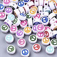 Opaque Acrylic Beads, with Enamel, Flat Round with Peace Sign, Mixed Color, 7x4mm, Hole: 1.6mm, about 3600pcs/500g(MACR-N008-35)