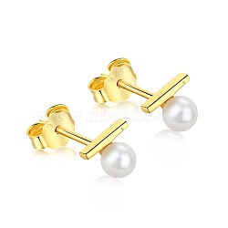 925 Sterling Silver Pearl Stud Earrings for Women, with S925 Stamp, Round & Bar, Real 18K Gold Plated, 6.2x5.2mm(EJEW-P231-80G)