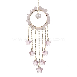 Glass Star Pendant Decorations, with Wire Wrapped Natural Rose Quartz Chips and Natural Cultured Freshwater Pearl, for Home Decorations, 205mm, Hole: 9.7mm(HJEW-JM01247-03)