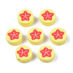 Handmade Polymer Clay Beads, Flat Round with Starfish Pattern, Yellow, 9.5~10x4.5mm, Hole: 1.8mm(CLAY-N007-005-05)