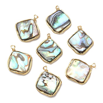 Natural Abalone Shell/Paua Shell Pendants, Copper Wire Wrapped Rhombus Charms, Real 14K Gold Plated, 19.5~20x17x3.5mm, Hole: 1.5mm