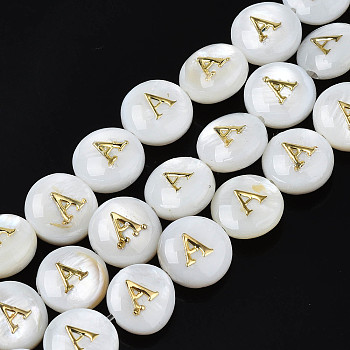 Natural Freshwater Shell Beads, with Enamel, Horizontal Hole, Flat Round with Alphabet, Letter.A, 8x3.5~4.5mm, Hole: 0.5mm, about 40pcs/strand, 12.20~12.60inch(31~32cm)