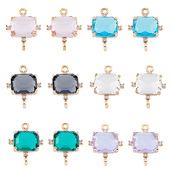 12Pcs 6 Colors Glass Connector Charms, with Brass Micro Pave Cubic Zirconia Findings, Light Gold, Faceted, Cuboid Links, Mixed Color, 17.5x14x5.5mm, Hole: 1.2mm, 2pcs/color