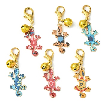 Gecko Alloy Enamel Pendants Decoraiton, with Bell Charm and Zinc Alloy Lobster Claw Clasps, Mixed Color, 45mm, 6pcs/set