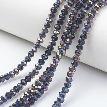 Electroplate Transparent Glass Beads Strands, Half Rose Gold Plated, Faceted, Rondelle, Prussian Blue, 6x5mm, Hole: 1mm, about 85~88pcs/strand, 16.1~16.5 inch(41~42cm)