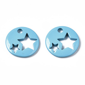 Spray Painted Brass Charms, Flat Round with Star, Cornflower Blue, 14.5x14.5x2.5mm, Hole: 2mm
