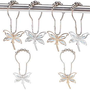 12Pcs 2 Colors Iron Shower Curtain Rings for Bathroom, with Alloy Pendants, Dragonfly, Mixed Color, 102mm, 6pcs/color