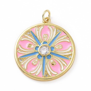 Brass Micro Pave Claer Cubic Zirconia Pendants, Real 18K Gold Plated, with Enamel and Jump Ring, Flat Round with Flower Charms, Pink, 27x24x3mm, Jump Ring: 5x0.8mm, Inner Diameter: 3.2mm