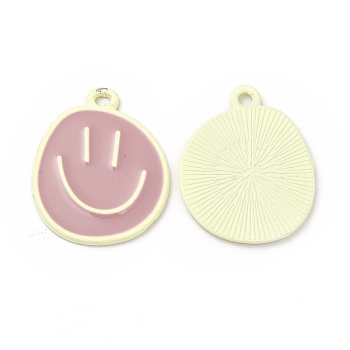 Spray Painted Alloy Pendants, Cadmium Free & Nickel Free & Lead Free, Flat Round with Smiling Face Pattern Charm, Beige, 25x20x1.5mm, Hole: 2mm