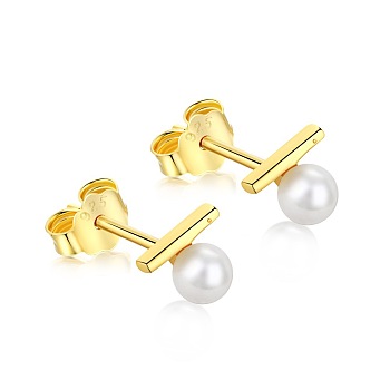 925 Sterling Silver Pearl Stud Earrings for Women, with S925 Stamp, Round & Bar, Real 18K Gold Plated, 6.2x5.2mm