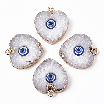 Druzy Resin Pendants, with Edge Light Gold Plated Iron Loops, Heart with Evil Eye, White, 22~23x19x5.5mm, Hole: 1.8mm