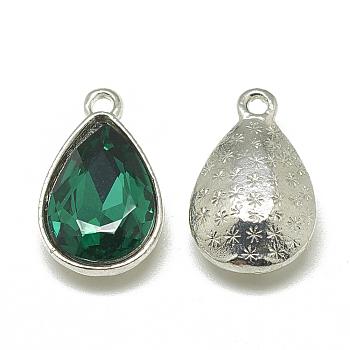 Alloy Glass Pendants, Faceted, teardrop, Platinum, Sea Green, 19x12x6mm, Hole: 1.5mm