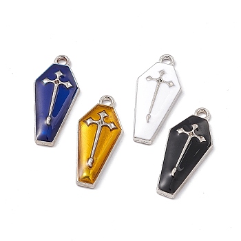 Alloy Enamel Pendants, Coffin with Cross Charm, Platinum, Mixed Color, 26x11.5x3mm, Hole: 1.8mm