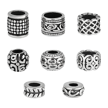 8Pcs 8 Style 304 Stainless Steel Large Hole Beads, Column/Drum/Rondelle, Antique Bronze, 5.5~10.5x7~11mm, Hole: 4.5~8mm, 1pc/style