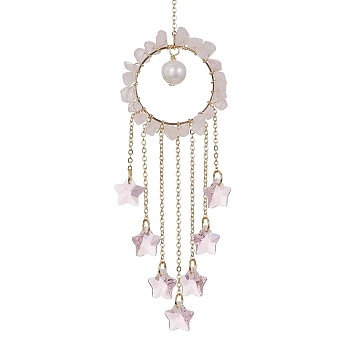 Glass Star Pendant Decorations, with Wire Wrapped Natural Rose Quartz Chips and Natural Cultured Freshwater Pearl, for Home Decorations, 205mm, Hole: 9.7mm