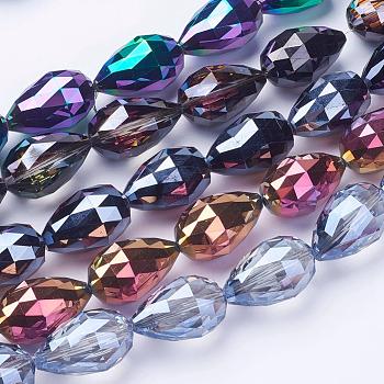 Electroplate Glass Beads Strands, Faceted, teardrop, Mixed Color, 27~28x18mm, Hole: 2mm, about 25pcs/strand, 26.3 inch~27.1 inch(67cm~69cm)