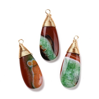 Natural Brazilian Agate Pendants, with Real 18K Gold Plated Tone Brass Wire Wrapped, Dyed & Heated, Teardrop, Green, 44.7x17x7mm, Hole: 3mm