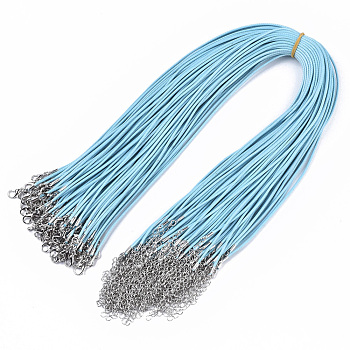 Waxed Cotton Cord Necklace Making, with Alloy Lobster Claw Clasps and Iron End Chains, Platinum, Light Sky Blue, 17.4 inch(44cm), 1.5mm
