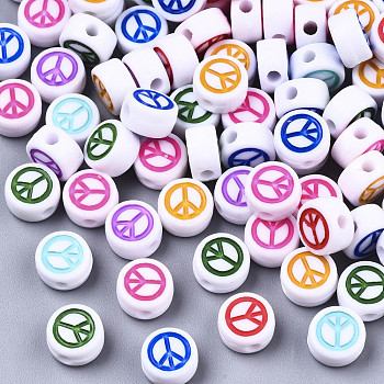 Opaque Acrylic Beads, with Enamel, Flat Round with Peace Sign, Mixed Color, 7x4mm, Hole: 1.6mm, about 3600pcs/500g