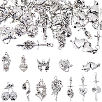 24Pcs 12 Styles Gothic Tibetan Style Alloy Pendants, Antique Silver, Mixed Shapes, 18.5~55.5x14~38.5x4~7mm, Hole: 1.8~3.3mm, 2pcs/style