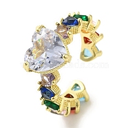 Brass Micro Pave Cubic Zirconia Rings for Women, with Glass, Long-Lasting Plated, Heart, Colorful, Adjustable(RJEW-E295-05G-01)