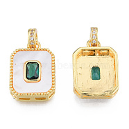 Brass Micro Pave Clear Cubic Zirconia Pendants, with Shell and Glass, Real 18K Gold Plated, Nickel Free, Rectangle, Green, 20x14x4.5mm, Hole: 3.5mm(KK-N233-424)